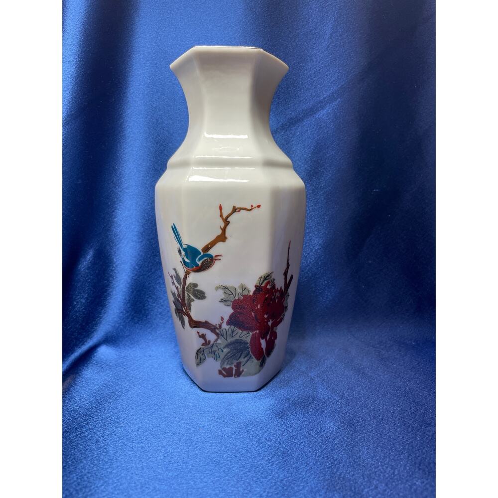 Hexagon White Porcelain Vase Blue Bird Asian Design